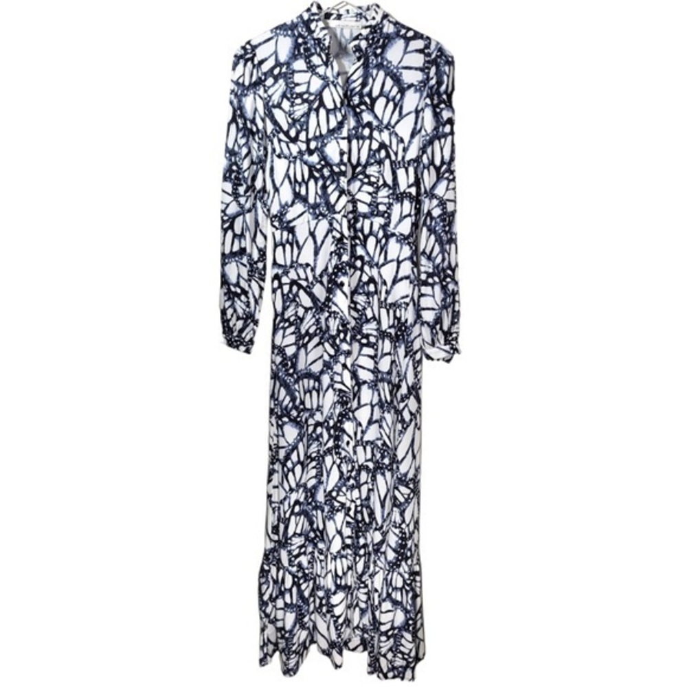 Stillwater Butterfly Abstract Print Long Sleeve Maxi Dress in White & Blue